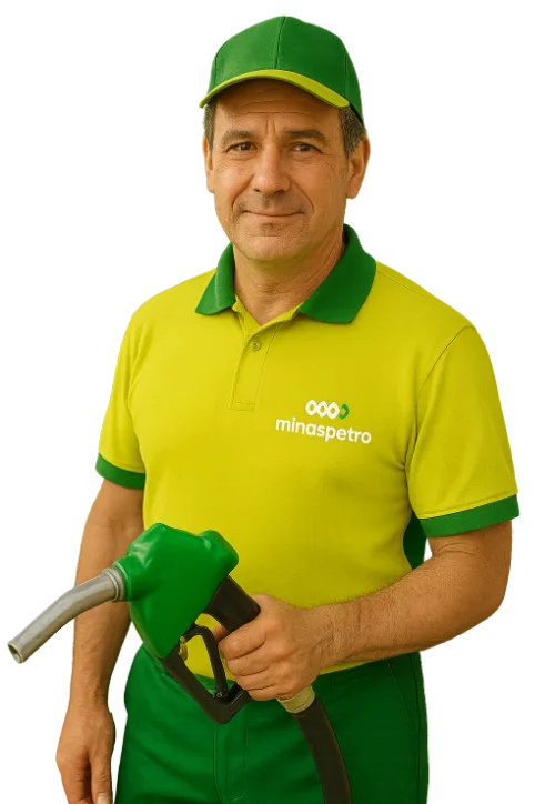 Frentista Minaspetro uniformizado segurando bico de combustível.