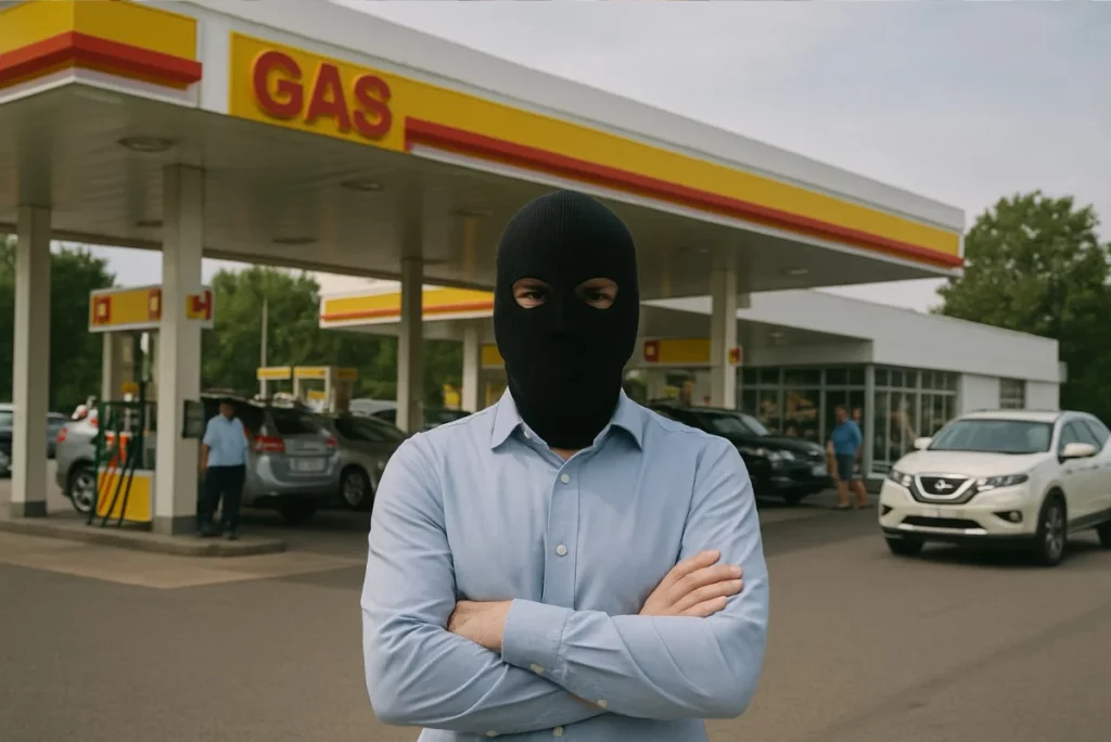 Homem mascarado de touca ninja em frente a posto de combustíveis.