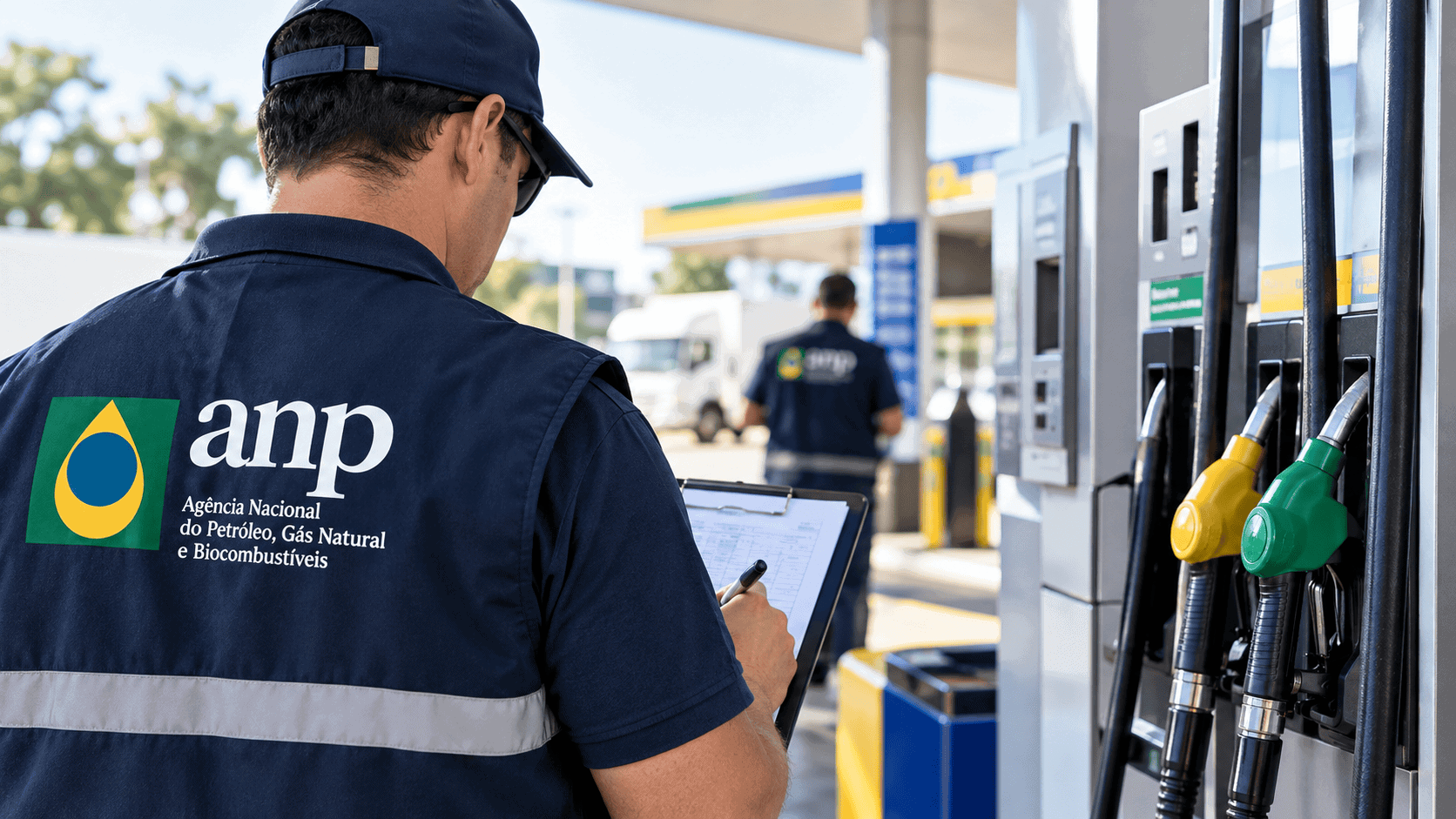 Técnico da ANP registrando dados em posto de combustível durante fiscalização.