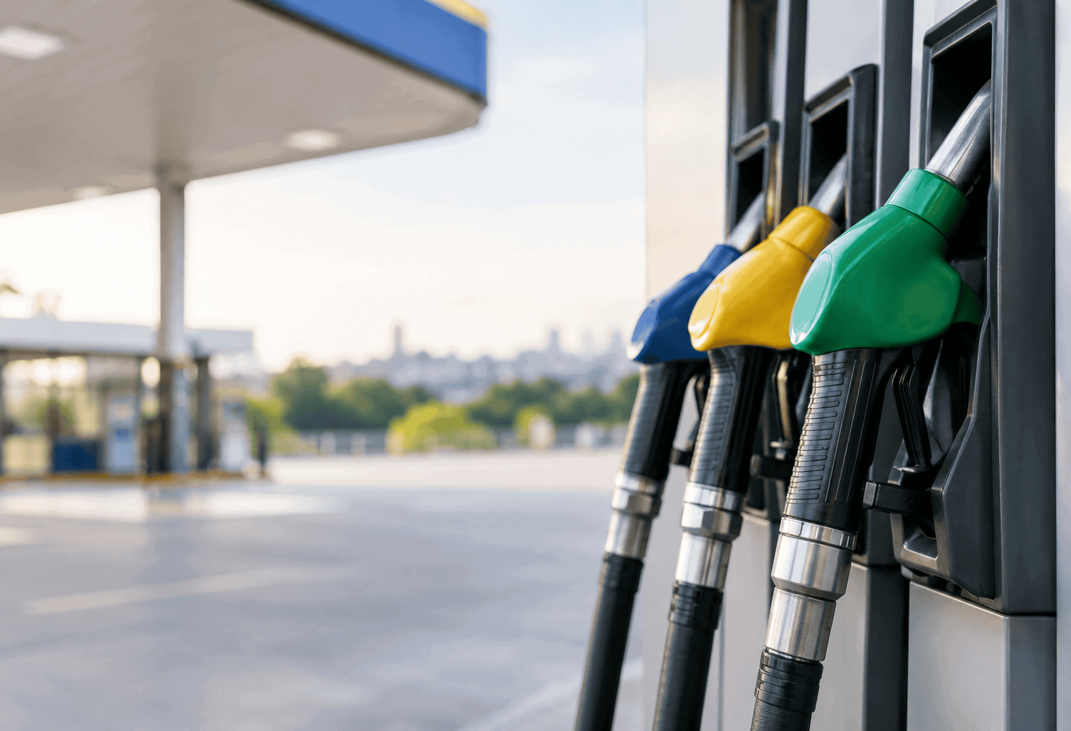 Bicos de gasolina coloridos em posto de combustível.