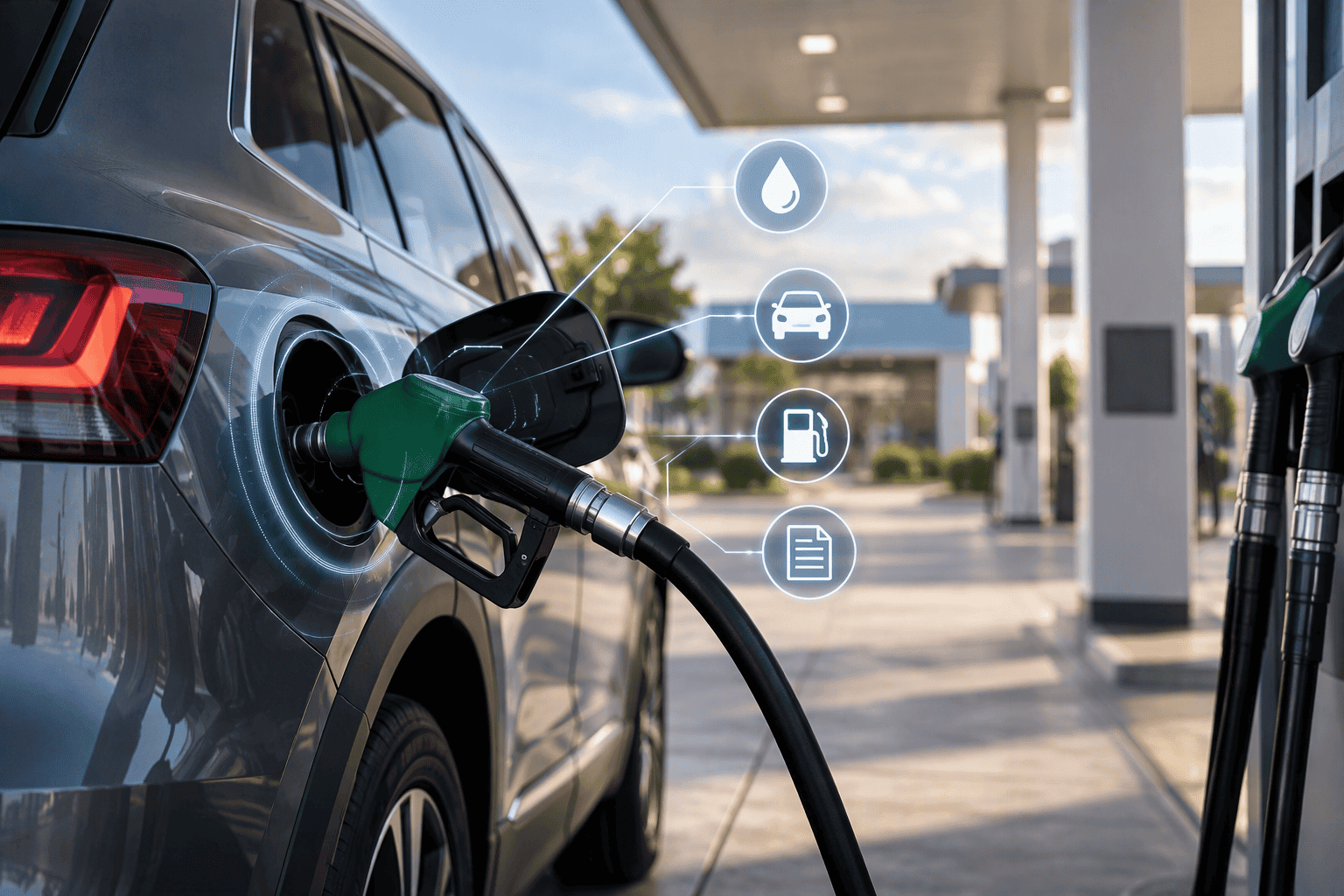 Veículo elétrico recebendo abastecimento com conectores e ícones de combustível.