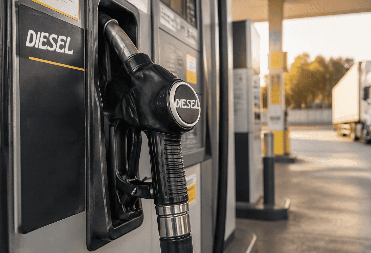 Posto de combustível com bomba de diesel em destaque.