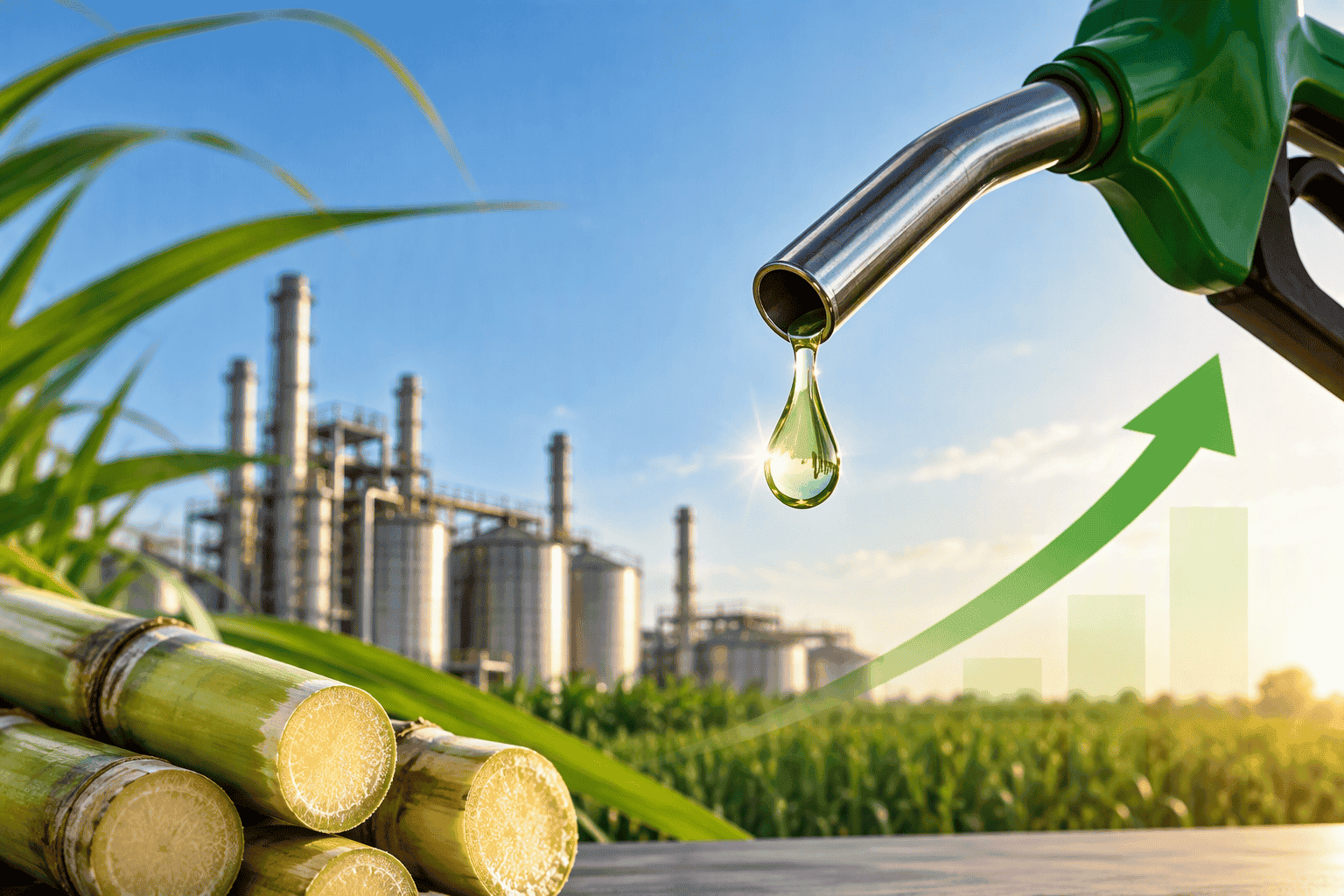 Etanol e energia limpa: fluxo de combustível com coluna industrial ao fundo.