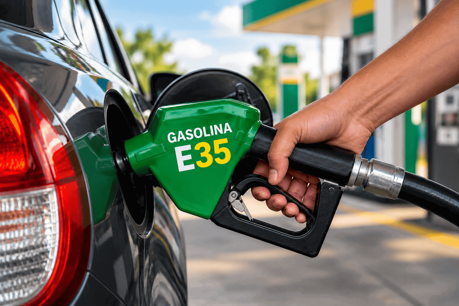 Combustível gasolina com E35 sendo abastecida em posto brasileiro.