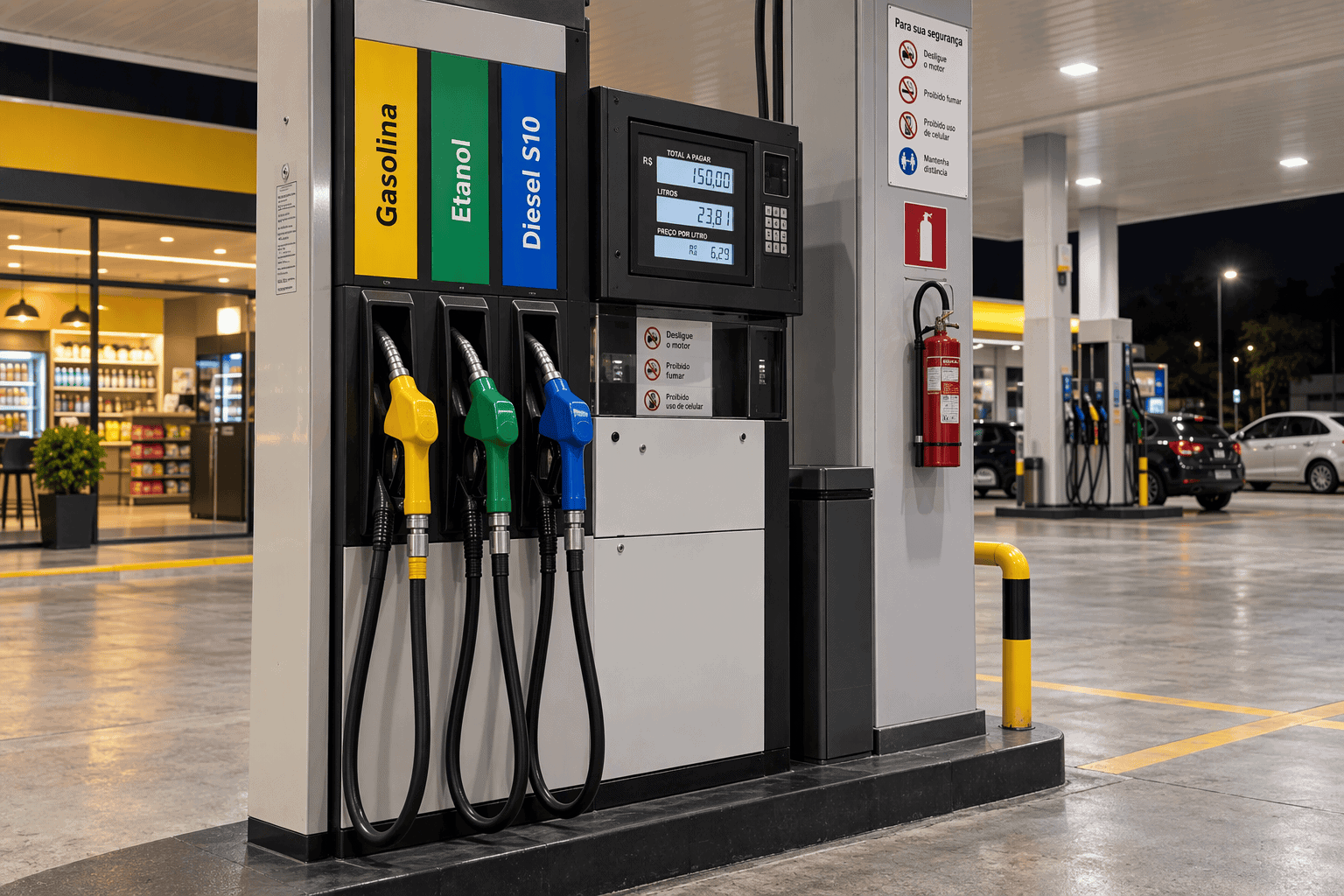 Posto de gasolina com bombas de combustível e painel digital.