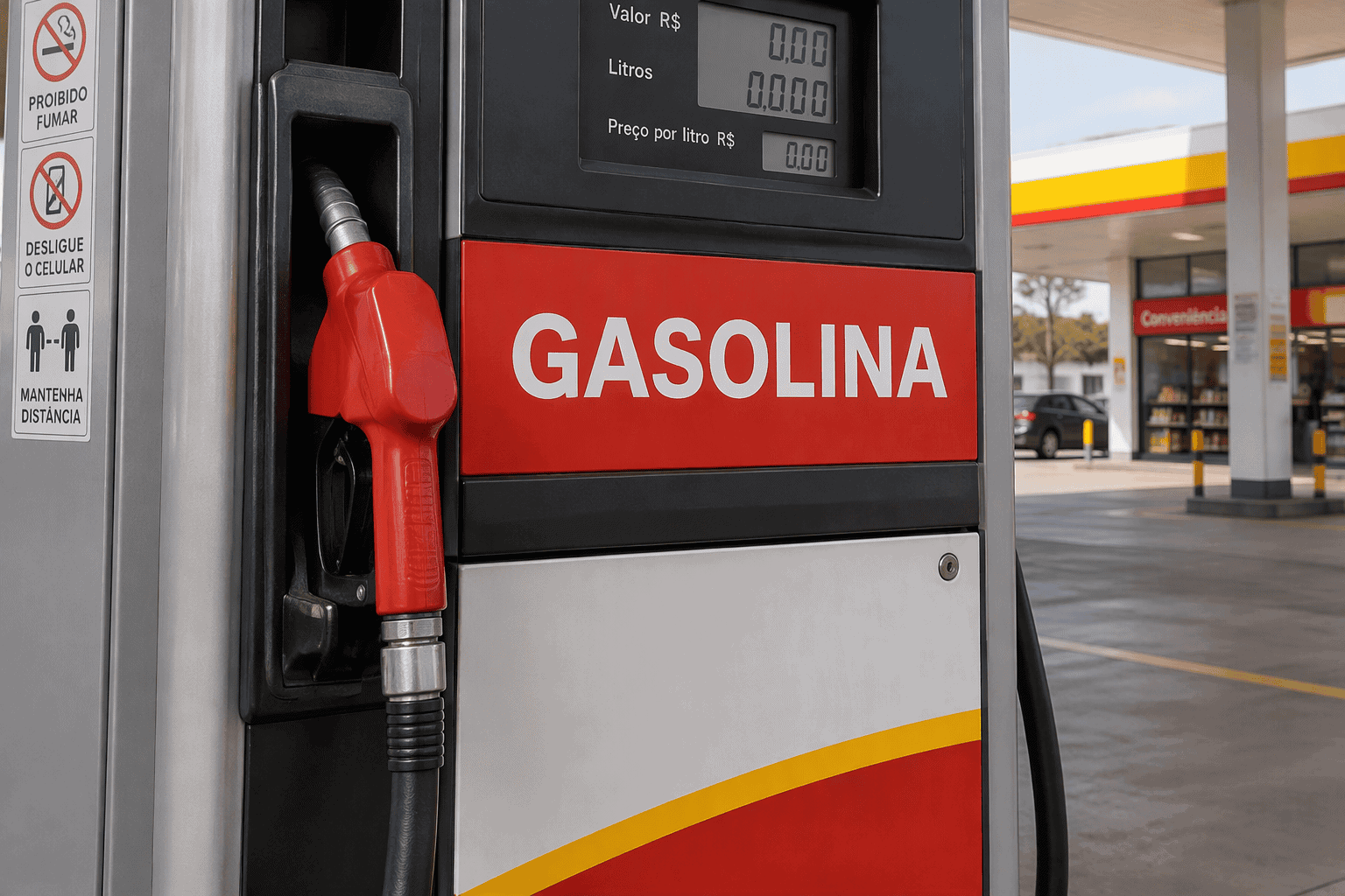 Bomba de combustível com faixa Gasolina e tela de preço ao fundo.